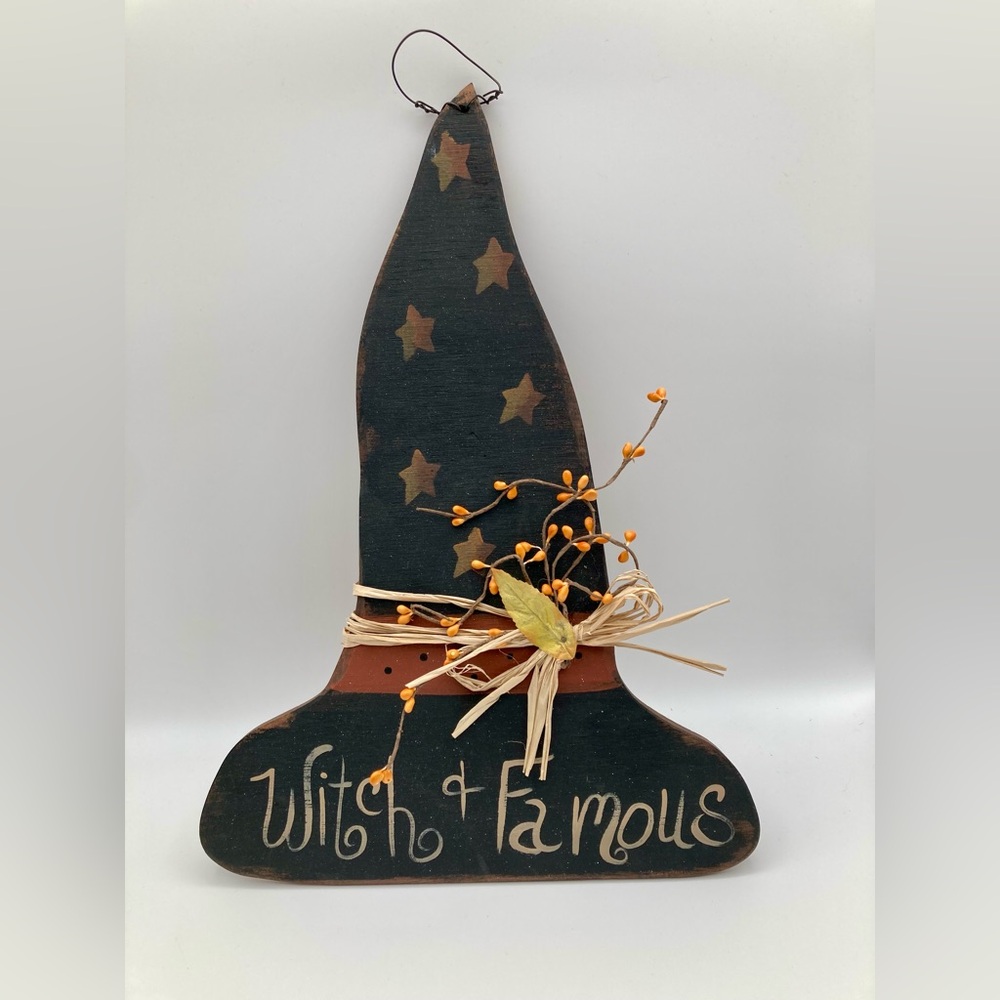 Halloween Witch Hat Hand Painted Wooden Home Decor Witch & Famous Funny 17”